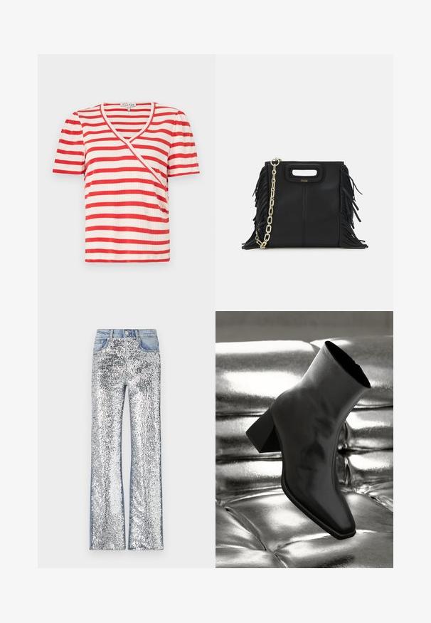 Rød og hvit stripete kortermet t-skjorte med V-hals og asymmetrisk design. Laget av ribbet stoff med en myk tekstur.; Sølvpaljettjeans med en utsvingt design, med denimliv og -sider, som skaper en teksturert og reflekterende overflate.; Sorte ankelstøvler laget av blankt materiale med firkantet tå og avsmalnende hæl, plassert mot en glinsende sølvfarget tuftet bakgrunn.; Svart læderhåndtaske med frynsedetaljer, guldkæde skulderrem og udskåret håndtag. Har logo placeret på forsiden.