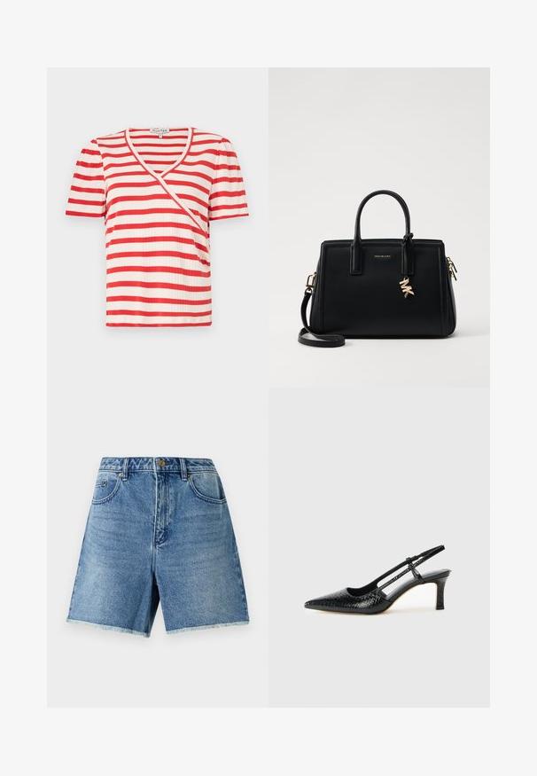 Rød- og hvidstribet kortærmet T-shirt med V-hals og asymmetrisk design. Fremstillet af et ribbet stof med en blød tekstur.; Lette blå denimshorts med høj talje, knaplukning, forlommer og rå kant for en afslappet pasform.; Sorte patent slingback hæl med spids tå, prydet med tekstureret slangeskindsmønster, justerbar rem og en kort, tekstureret blokhæl.; Sort læder håndtaske med struktureret design, dobbelt top håndtag, aftageligt skulderrem, guld hardware og en logo charme accent.