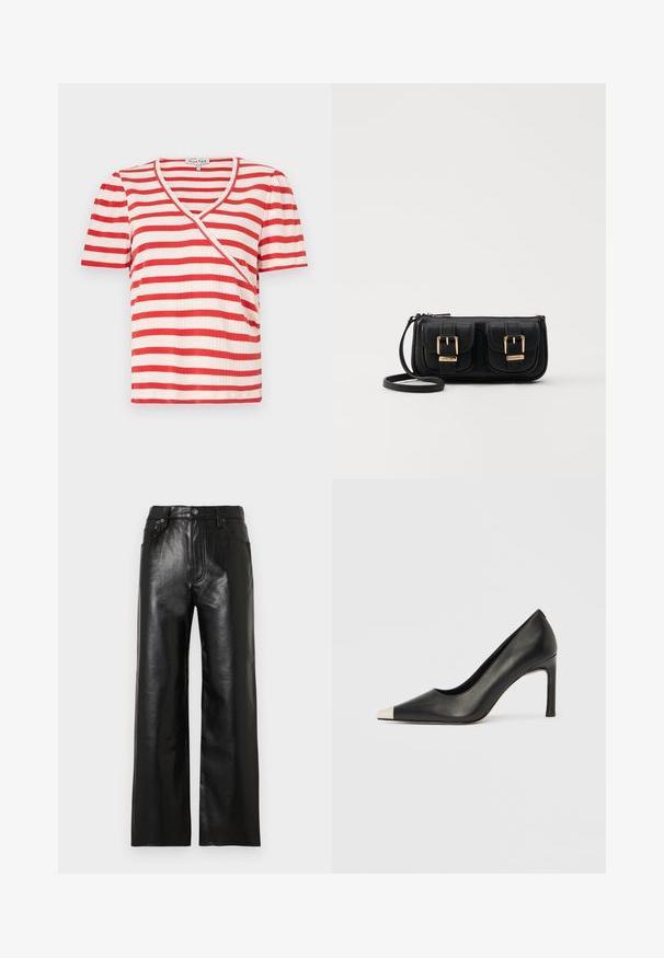 Red and white striped short-sleeve t-shirt with a V-neck and an asymmetrical design. Made from a ribbed fabric with a soft texture.; Black leather wide-leg pants with a glossy finish, featuring front pockets, a zip fly, and a button closure. Smooth texture throughout.; Black leather high heel shoe with a pointed toe and a metallic silver cap. Features a smooth finish and a slender 10 cm heel.; Black leather crossbody bag with two front pockets, gold buckles, zipper closure, and a slim strap. Textured surface and compact rectangular shape.