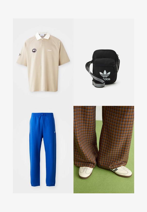 Beige polo shirt met korte mouwen, witte kraag, knopenlijst, merklogo op de borst en een ronde patch aan de linkerkant.; Blauwe joggingbroek van zacht materiaal, met een elastische tailleband en trekkoord, taps toelopende pijpen en een klein logo detail aan de zijkant.; Bruine en blauwe geruite wijde broek, gecombineerd met witte schoenen met zwarte accenten en een gestructureerde zool, gezet tegen een groene achtergrond.; Zwarte stoffen schoudertas met een ritssluiting, voorzien van een wit Adidas-logo en een gestreepte, verstelbare schouderband voor gemakkelijk dragen.