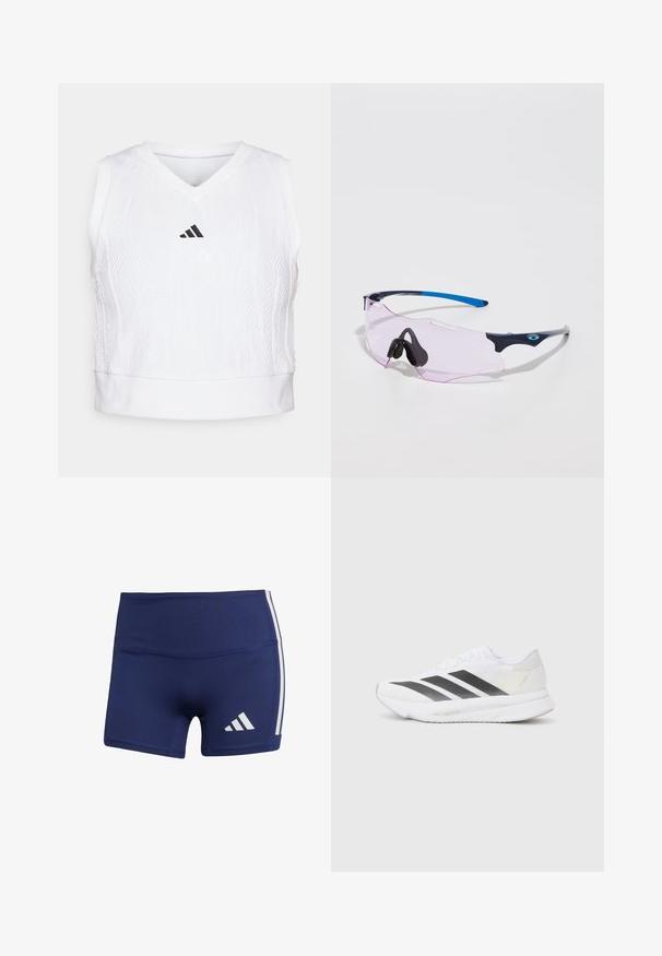 adidas Performance TENNIS PRO AEROREADY CROP - Top - white; Navy blue athletic shorts with a tight fit, made of smooth fabric, featuring white side stripes and a logo on the lower left.; White athletic shoe with black diagonal stripes, mesh upper, rounded toe, and textured sole. Accents include a silver heel and minimalistic design.; Sport sunglasses with a transparent pink lens. Features dark blue and light gray frames. Adjustable nose pads enhance comfort.
