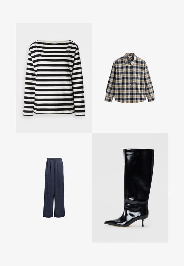 Top à manches longues noir et blanc à rayures avec un large col. Fabriqué en tissu doux, présentant des rayures horizontales régulières et des ourlets cousus.; Chemise en flanelle à carreaux dans des tons de marine, crème et beige. Dotée d'un col, d'une fermeture à boutons, de manches longues et d'une poche poitrine unique. Texture douce.; Pantalons larges bleu marine en tissu lisse avec une taille élastique et sans matériel visible. Présente une coupe décontractée et un design entièrement long.; Botte en cuir noir hauteur genou avec une finition brillante, bout pointu et talon fin. Texture lisse avec des détails de design minimaux.