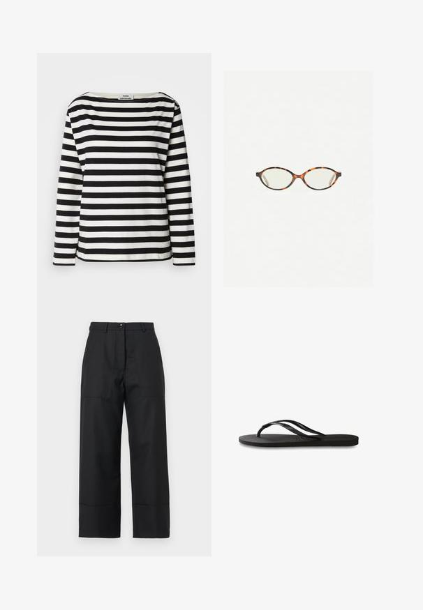 Black and white striped long-sleeve top with a wide neckline. Made of soft fabric, featuring even horizontal stripes and stitched hems.; Black wide-leg trousers made of smooth fabric. Features a button closure, front pockets, and clean lines. Hem is slightly flared.; Black flip-flop featuring a textured rubber sole, two slender straps, and a subtle, embossed logo detail on the strap.; Tortoiseshell eyeglasses with oval lenses and a sleek, smooth finish. Features thin sides with a subtle curve at the temples. Clear lenses.