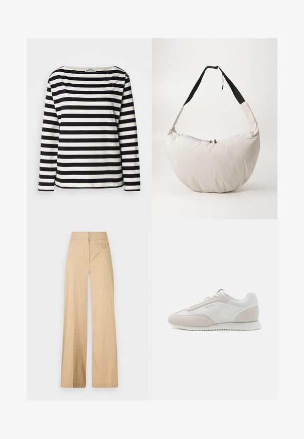 Crno-bijela prugasta majica dugih rukava s širokim izrezom. Izrađena od mekog materijala, s ravnomjerno raspoređenim horizontalnim prugama i šivanim rubovima.; Bež hlače širokih nogavica napravljene od mješavine pamuka. Imaju glatku teksturu, elastičnu elastiku u struku i detalj gumba sa strane.; Svijetlosmeđi tenisice koje kombiniraju bijelu kožu i bež antilop, s teksturiranom petom i minimalnim logotipom sa strane.; Svijetlosmeđa jastučićasta torba za rame s zakrivljenim oblikom polumjeseca. Crni remen, zatvaranje na patentni zatvarač i suptilan logotip sprijeda. Mekana tekstura.