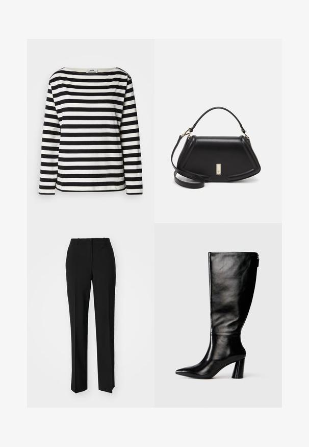 Top à manches longues noir et blanc à rayures avec un large col. Fabriqué en tissu doux, présentant des rayures horizontales régulières et des ourlets cousus.; Pantalon noir ajusté avec une coupe droite, présentant une texture lisse et des plis nets sur le devant. Aucune quincaillerie visible.; Botte en cuir noir à hauteur de genoux avec un bout pointu, une texture lisse et un talon épais. Elle présente un zip à l'arrière.; Sac à main en cuir noir avec un design structuré, featuring une forme cropped, une poignée supérieure et des accents en matériel doré. Bandoulière réglable incluse.