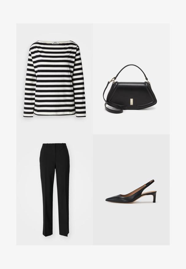 Zwart-wit gestreepte lange mouwen top met een brede halslijn. Gemaakt van zachte stof, met gelijkmatige horizontale strepen en gestikte zomen.; Zwarte op maat gemaakte broek met een recht model, voorzien van een soepele textuur en scherpe plooien aan de voorkant. Geen zichtbare hardware.; Zwarte leren slingback pump met een puntige neus, lage hak en een gladde textuur. Beschikt over een dunne verstelbare band voor een veilige pasvorm.; Zwarte leren handtas met een gestructureerd ontwerp, featuring een verkorte vorm, bovenhandvat en gouden hardwareaccent. Inclusief verstelbare schouderband.