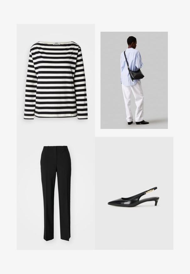 Melnu un baltu horizontālu svītru garām piedurknēm topu ar plašu dekoltē. Izgatavots no mīkstas auduma, ar vienmērīgām horizontālām svītrām un šuvēm.; Melnas pielāgotas bikses ar taisnu kāju dizainu, kas raksturojas ar gludu faktūru un asiem krokām pa priekšu. Nav redzamu metāla detaļu.; Melnas ādas slingback zābaki ar smailu purngalu, ar šauru papēdi un zelta krāsas akcentu uz regulējama siksniņas. Gluda tekstūra.; Melna ādas plecu soma ar mīkstu tekstūru, trīsstūra formu un regulējamu siksnu, apvienota ar gaiši zilu svītrotu krekli un baltām biksēm.