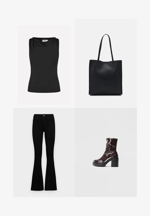 Envii SCORPION - Top - black; Jeans pretos de cintura alta com fecho de botão e zíper, bolsos frontais e pernas largas dispostos em cima de um fundo branco.; Bota de tornozelo burgundy brilhante com um salto preto robusto, apresentando uma textura suave e um design simples. Sem fechos ou padrões visíveis.; Bolsa tote preta em couro com textura lisa, forma retangular e duas alças longas. Sem hardware ou enfeites visíveis.