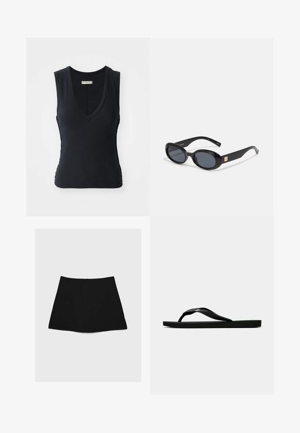 Černý žebrovaný top na ramínka s hlubokým výstřihem do V, bez rukávů a bočními výřezy. Měkká textura a přiléhavý střih zvyšují pohodlí.; Černá minisukně s hladkým povrchem, áčkovým střihem a zakulaceným lemem. Obsahuje zadní zip pro zapínání, bez dalších vzorů nebo akcentů.; Černé gumové žabky s texturovaným páskem a jednoduchou plochou podrážkou, zobrazené z boku na světlém pozadí.; Černé oválné sluneční brýle s tmavými skly, lesklým plastovým rámem, širokými stranami a malým zlatým detailem na jedné straně.; Černá tkaná kožená kabelka s křivkovým tvarem, vybavená silnou rukojetí a zipovým zavíráním. Texturovaný povrch s lesklým finišem.