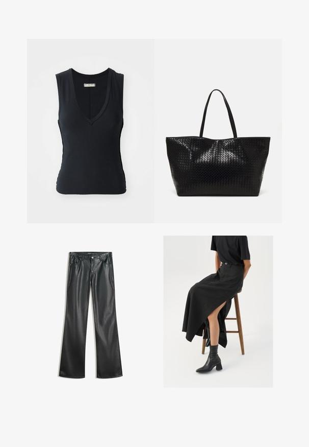 Zwarte geribbelde tanktop met een diepe V-hals, zonder mouwen en zijsplitten. Zachte textuur en aansluitende pasvorm verhogen het comfort.; Zwarte nep leren flared broek met een gladde textuur, vijf zakken, ritssluiting aan de voorkant en contrasterende stiksels.; Zwarte linnen maxi rok met een hoge split, gedragen met een zwart T-shirt en zwarte enkellaarsjes. Minimalistisch ontwerp met een relaxte pasvorm.; Zwarte geweven schoudertas met twee stevige handvatten, met een glanzende textuur en een ruime open bovenkant.