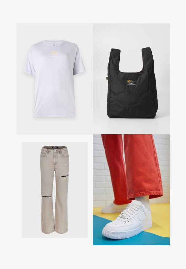 Light lavender cotton t-shirt with round neckline, short sleeves, and a gold graphic print featuring palm trees on the front.; Light gray jeans in a relaxed fit, featuring distressed detailing with rips at the knees and a faded texture. Includes five pockets and belt loops.; White leather sneaker with perforated toe box, textured sole, and white laces, paired with wide red pants and a blue and yellow background.; Black quilted tote bag with a large opening, curved shapes on the surface, and a label featuring yellow and white text on the front.