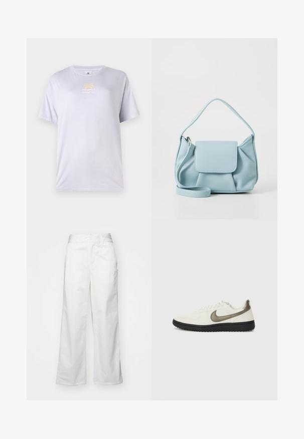 Light lavender cotton t-shirt with round neckline, short sleeves, and a gold graphic print featuring palm trees on the front.; White wide-leg trousers made from cotton, featuring a smooth texture, straight fit, front pockets, and a clean hem.; Nike Sportswear FIELD GENERAL - Trainers - off-white/black; Light blue leather handbag with a top handle, front flap pocket, and detachable wrist strap on a white background.
