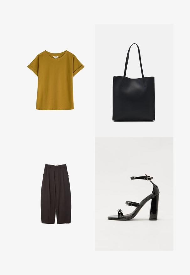 Majica sa kratkim rukavima u boji gorušice, širokog kroja, s okruglim izrezom i savinutim manšetama; izrađena od mekanog, teksturiranog pamučnog materijala.; Crne široke hlače napravljene od glatke tkanine, s visokim strukom, prednjim nabranjima i bočnim džepovima. Jednostavan dizajn bez ukrasa.; Crne lakirane sandale na visoku petu s dva remena s kopčama, kvadratnim vrhom i masivnom blok petom, s glatkom, sjajnom teksturom.; Crna kožna torba za nošenje s glatkom teksturom, pravokutnim oblikom i dvije duge ručke. Nema vidljivih metalnih dijelova ili ukrasa.