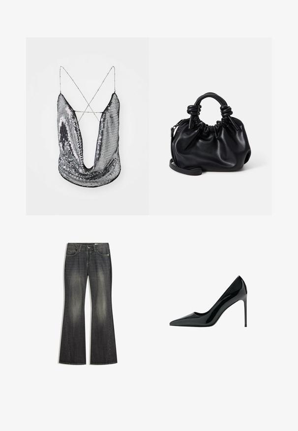 Silver paljetttopp med djup V-ringning och korslagda kedjestraps; har en glänsande, reflekterande yta och draperad tygdesign.; Uppvikta mörk tvättade denimjeans med en lätt blekning, fem fickor och kontrasterande stygn, med standard knapp- och dragkedjestängning.; Svart lackläder stilettklackpump med spetsig tå och slät, blanka yta; hög, smal klack; minimalistisk design.; Svart läderhandväska med en samlad design, korta rundade handtag och ett avtagbart axelband. Slät textur med en mjuk silhuett.