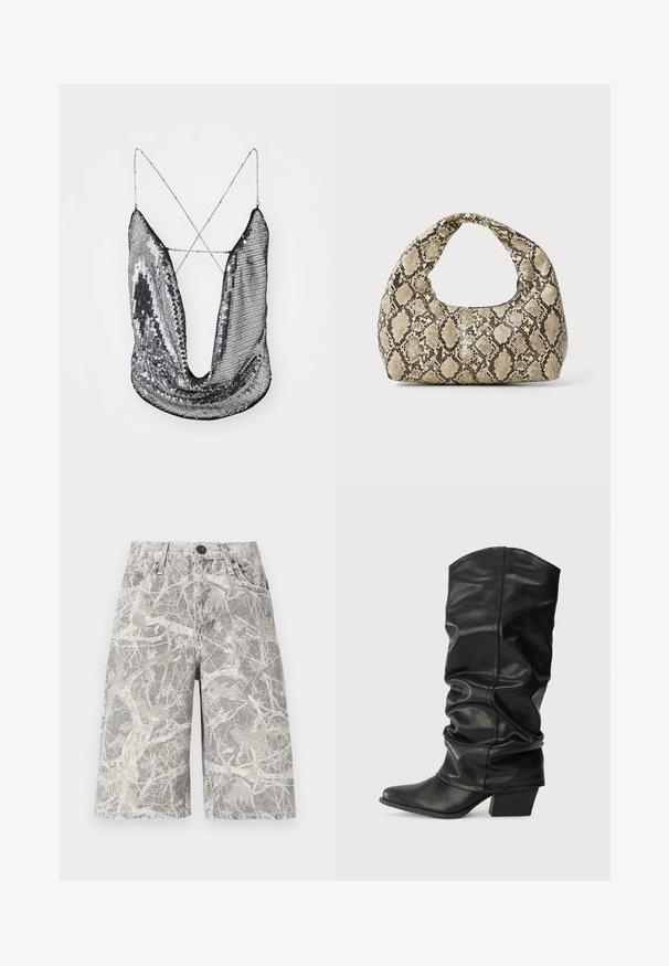 Ezüst flitteres felső mély V-kivágással és keresztbe fűzött lánc pántokkal; fényes, tükröződő felülettel és redőzött anyagú kialakítással rendelkezik.; Álcázó mintás farmer rövidnadrág szürke és bézs árnyalatokban, klasszikus ötk zsebes kivitelben, fémből készült gombos záródással.; Fekete bőr, térdig érő csizmák laza fazonban, hegyes orral és vastag sarokkal, sima textúrával és minimális varrással.; Kígyómintás kézitáska ívelt fogantyúval. Texturált, bézs és barna anyagból készült, jellegzetes gyémántmintával.