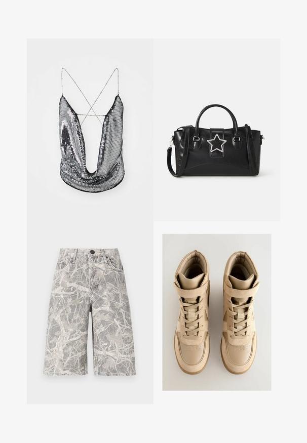 Silver sequin top with deep V-neck and crisscross chain straps; features a shiny, reflective surface and draped fabric design.; Camo-patterned denim shorts in shades of gray and beige, featuring a classic five-pocket design and metal button closure.; Beige high-top sneakers with a textured suede and leather upper, featuring lace closure, a hook-and-loop strap, and a rubber sole.; Black handbag made of faux leather featuring a star-shaped silver accent, dual handles, and an adjustable shoulder strap.