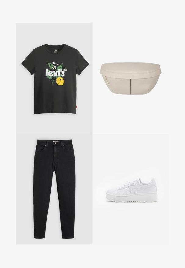 Černé bavlněné tričko s grafikou citronu, bílým textem "levi's" a květinovými akcenty v zelené a bílé barvě. Krátké rukávy, kulatý výstřih.; Černé slim-fit džíny s knoflíkovým a zipovým zapínáním, pěticípým designem a poutky na opasek na světle šedém pozadí.; Bílé platformové tenisky s hladkým koženým povrchem, perforovanými detaily a plochými tkaničkami; mají silnou bílou gumovou podrážku.; Beige textilní taštička s kulatým tvarem, která má plochý vršek a jemné švy. Obsahuje minimalistické logo a boční popruh.