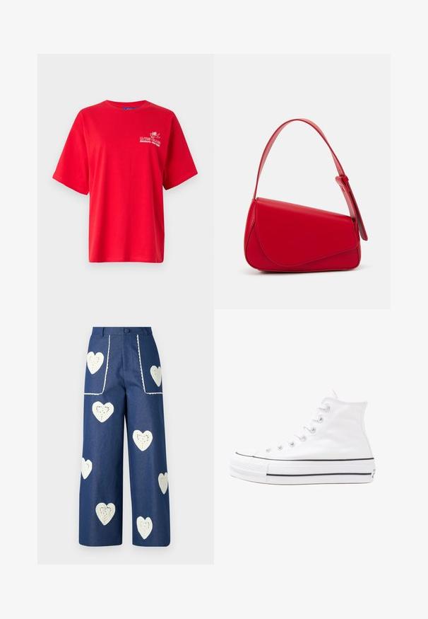 Červené bavlněné tričko s krátkými rukávy, s kulatým výstřihem a bílým vyšívaným textem a designem na levé části hrudi.; Sister Jane HEART TO HEART - Džíny Straight Fit - blue denim; Bílé vysoké plátěné tenisky s černou gumovou podrážkou, přední gumovou špičkou a šesti očky na tkaničky, se čistým, minimalistickým designem.; Červená kožená kabelka s ostrým, geometrickým designem. Má jeden nastavitelný popruh a klopu s prošívanými detaily.