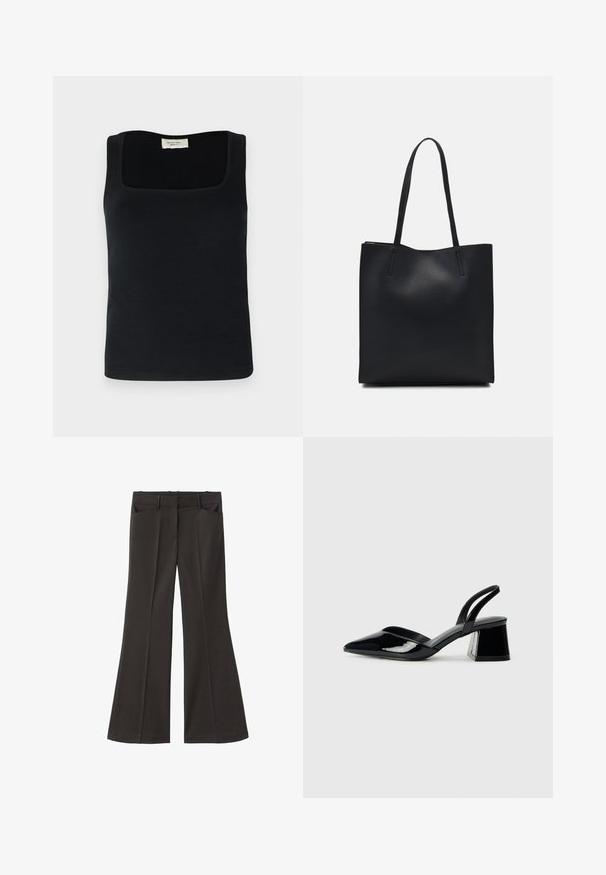 Čierny bezrukávový top s obdĺžnikovým výstrihom, vyrobený z hladkej látky. Jednoduchý dizajn bez viditeľných vzorov alebo akcentov.; Čierne rozšírené nohavice s vysokým pásom; majú dve bočné vrecká a hladkú textúru látky. Vhodné na rôzne príležitosti.; Čierne lakované kožené sandálové podpätky s špicatou špičkou a geometrickým blokovým podpätkom. Disponujú elegantným, minimalistickým dizajnom a hladkým povrchom.; Čierna kožená taška na rameno s hladkým povrchom, obdĺžnikovým tvarom a dvoma dlhými uchami. Bez viditeľného kovania alebo ozdôb.