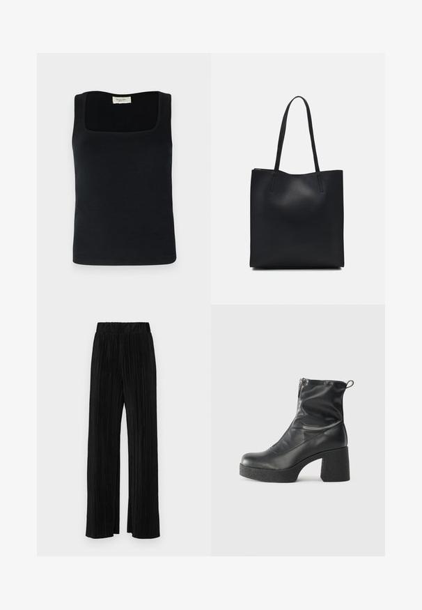 Juoda be rankovių maikutė su kvadratiniu iškirpimu, pagaminta iš lygaus audinio. Paprasta dizaino, be matomų raštų ar akcentų.; Juodi plisuoti kelnės su elastine juosta. Turėkite plačias kojas ir glotnų, tekstūrinį audinį su vertikaliais dryžiais.; Juodos kulkšninių botai, pagaminti iš lygaus odos, su šoniniu užtrauktuku, masyviu tekstūruotu kulnu ir apvaliu pirštu.; Juodas odinis tote krepšys su lygia tekstūra, stačiakampio formos ir dviem ilgais rankenomis. Matomų metalinių detalių ar puošybos nėra.