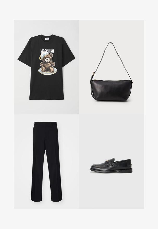 Black cotton t-shirt featuring a bear graphic wearing a blue and white hat, with the text “Moschino” above the design. Short sleeves, relaxed fit.; Black tailored trousers with a wide-leg design, featuring a smooth texture and sharp creases, made from a woven fabric.; Black leather loafers feature a rounded toe, stitched detailing, and a small gold accent on the front. The sole is flat and discreet.; Black leather shoulder bag with a single long adjustable strap and gold zipper closure on top, displayed against a plain background.