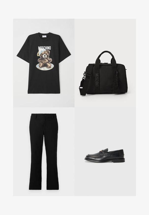 T-shirt de algodão preto com um gráfico de urso a usar um chapéu azul e branco, com o texto "Moschino" acima do design. Mangas curtas, ajuste solto.; Calças flare pretas feitas de um tecido de algodão misto, com fecho de botão, passantes para cinto e uma textura suave sem padrões visíveis.; Os mocassins de couro negro apresentam uma biqueira arredondada, detalhes costurados e um pequeno destaque dourado na frente. A sola é plana e discreta.; Saco têxtil preto com alças duplas e alça de ombro destacável. Apresenta logotipo em relevo e etiqueta de couro. Textura suave, formato retangular.