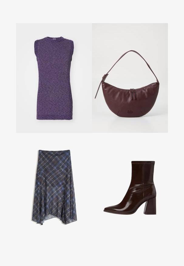 Fialový bezrukávový svetr s texturovaným pleteným vzorem a kulatým výstřihem. Tkanina vypadá měkce a mírně elasticky.; Černá kostkovaná sukně s modrými a hnědými pruhy, volný design, střední délky, vyrobena z lehké látky s hladkou texturou.; Hnědé lakované kožené kotníkové boty s špičatou špičkou, elastickým kotníkem a chunky blokovým podpatkem. Elegantní design s hladkým povrchem.; Bordó kožená kabelka s zakřiveným designem, která má zipové uzavření, dva jezdce na zip a krátký popruh na rameno. Mezi detaily patří embosované logo.