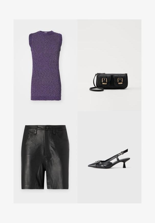 Paarse mouwloze trui met een textuur gebreide patroon en een ronde halslijn. De stof lijkt zacht en licht elastisch.; Zwarte leren shorts met een gladde textuur, voorzien van een ritssluiting aan de voorkant, een knoopsluiting en een klassieke vijf-pocket ontwerp.; Zwarte leren slingback schoen met een puntige neus, decoratieve banden met metalen oogjes en een lage blokhak. Textuur oppervlak.; Zwarte leren schoudertas met twee vo pockets, gouden gespen, ritsluiting en een smalle band. Tekstuur oppervlak en compacte rechthoekige vorm.