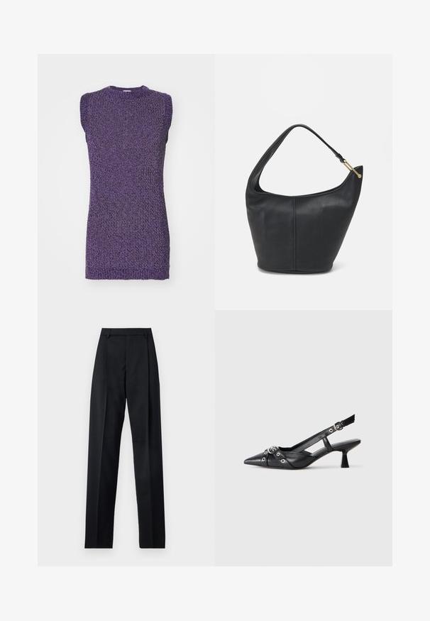 Paarse mouwloze trui met een textuur gebreide patroon en een ronde halslijn. De stof lijkt zacht en licht elastisch.; Zwarte broek gemaakt van gladde stof met een hoge taille, wijde benen, voorplooien en klassieke ceintuurlussen. Geen zijzakken zichtbaar.; Zwarte leren slingback schoen met een puntige neus, decoratieve banden met metalen oogjes en een lage blokhak. Textuur oppervlak.; Zwarte leren handtas met een ronde vorm, een brede schouderriem en een gestructureerde afwerking. Bevat subtiele naaddetails en een gouden hardwareaccent.