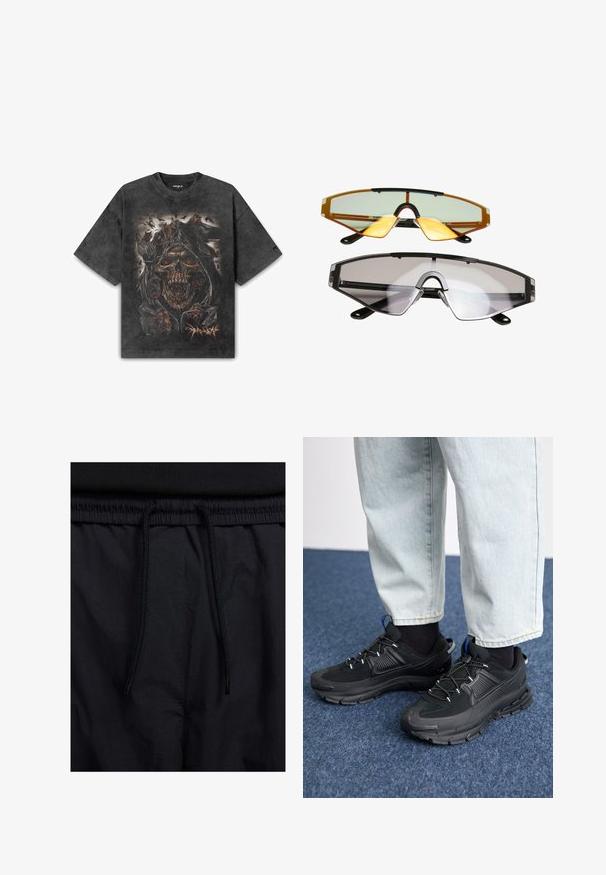 Mustmust vest, mille must have a detailne kolju graafika, millel on leekivad silmad, ümbritsetud tumedate figuuride ja ämblikute motiividega.; Mustad lühikesed püksid, millel on paelaga vöökoht, kerge kangas, mis on sileda tekstuuriga ning lihtne disain ilma nähtavate logode või mustriteta.; Mustad mustad jooksukingad, millel on tekstureeritud kangas ja kummist tallad, elastsed nöörid ning sinine aksent kandadel. Kandmine heledate teksadega.; Kaks paari päikeseprille: ühed oranži tooni läätsed mustade detailidega ja teised selged läätsed sarnase musta raami disainiga.