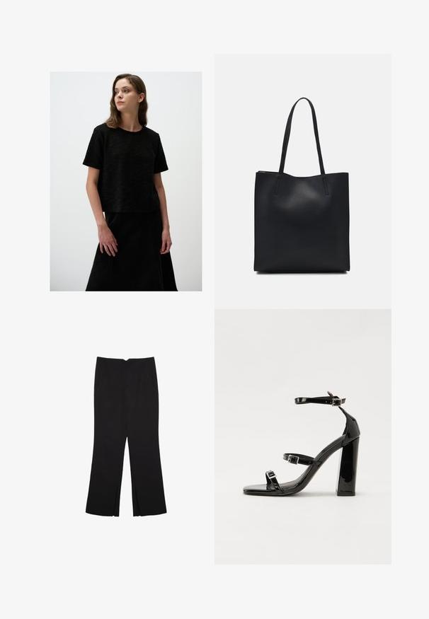 Schwarz strukturiertes Crop-Top mit kurzen Ärmeln und rundem Halsausschnitt, kombiniert mit einem passenden schwarzen Rock. Schlichte, klare Linien und minimalistisches Design.; Schwarze Hose mit geradem Schnitt, ausgestattet mit Fronttaschen und Seitenschlitzen am Saum. Hergestellt aus weichem, glattem Stoff. Geeignet für verschiedene Anlässe.; Schwarze patentierte Sandalen mit Absatz, quadratischer Spitze, Knöchelriemen und silbernen Schnallen. Mit einem stabilen Blockabsatz für mehr Stabilität.; Schwarze Laptoptasche aus Leder mit glatter Textur, rechteckiger Form und zwei langen Griffen. Keine sichtbaren Beschläge oder Verzierungen.