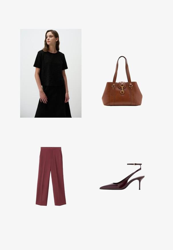 Schwarz strukturiertes Crop-Top mit kurzen Ärmeln und rundem Halsausschnitt, kombiniert mit einem passenden schwarzen Rock. Schlichte, klare Linien und minimalistisches Design.; Weinrote Hose mit weitem Bein aus glattem Material, ausgestattet mit seitlichen Taschen und einem hohen Taillendesign. Mit einem klaren vorderen Bügel gefaltet.; Burgunderfarbene Lackleder-Pumps mit spitzem Zehenbereich, Slingback-Design, dünnem Knöchelriemen und mittelhohem Stiletto-Absatz auf weißem Hintergrund.; Braune Lederhandtasche mit doppelt tragegriffen, runder Form, goldenen Beschlägen und einem zentralen Schnallen-Detail. Glatte Textur mit genähten Akzenten.