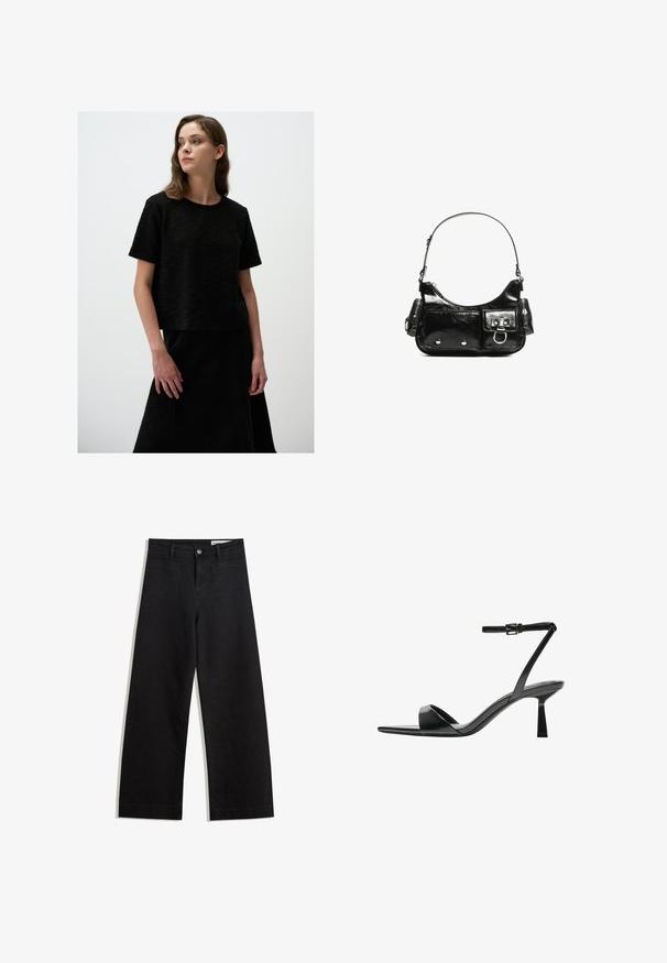 Top corto nero texturizzato con maniche corte e scollatura rotonda, abbinato a una gonna nera coordinata. Linee semplici e pulite e design minimalista.; Pantaloni in denim neri a gamba larga con vita alta, dotati di tasche anteriori e posteriori, cuciture a punto, e chiusura con bottone. Texture liscia.; Bershka Sandali con tacco - black; Borsa a spalla in vernice nera con forma curvata, una tracolla, tasche frontali e dettagli in metallo argentato.