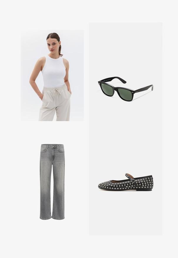 Bílý žebrovaný tílko s kulatým výstřihem, spojené s béžovými kalhotami s elastickým pasem a bočními kapsami.; Široké denimové džíny v šedé barvě, s vysokým pasem, pěti kapsami, zapínáním na přední knoflík a jemným vyblednutím látky.; Černé kožené baleríny s kulatou špičkou, vybavené páskem a stříbrnými hroty rovnoměrně rozloženými po horním povrchu.; Černé plastové sluneční brýle se zelenými skly, čtvercové obroučky, stříbrný detail na obočí a texturované stranice. Značka uvedená na vnitřní straně stranic.; Černá syntetická kabelka s oblým tvarem, stříbrný řetízkový popruh, zipové zavírání a vyražené logo značky na přední straně. Hladký povrch.