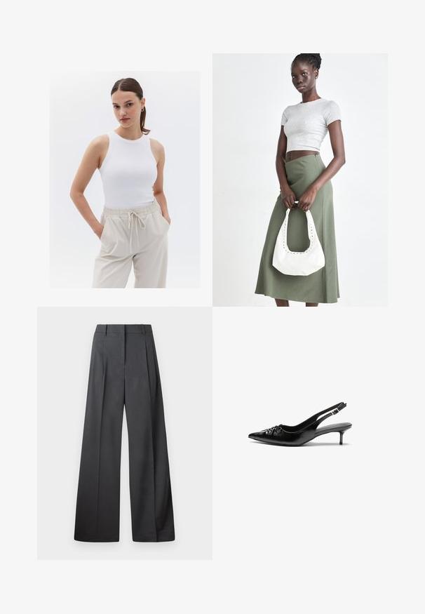 Witte geribde tanktop met een ronde halslijn, gecombineerd met beige broeken met elastische tailleband en zijzakken.; Wijde broek in donkergrijze stof, met een hoge taille, enkele plooien en een gladde textuur met een nette afwerking aan de zoom.; Zwarte leren slingback hakken met een spitse neus, kleine kittenhak en een decoratieve knoopdetail aan de voorkant. Smooth textuur overal.; Grijs geribbelde crop top en olijfgroene hoge taille rok. Model houdt een witte schoudertas met uitsparingen vast. Eenvoudig ontwerp, aansluitende silhouet.