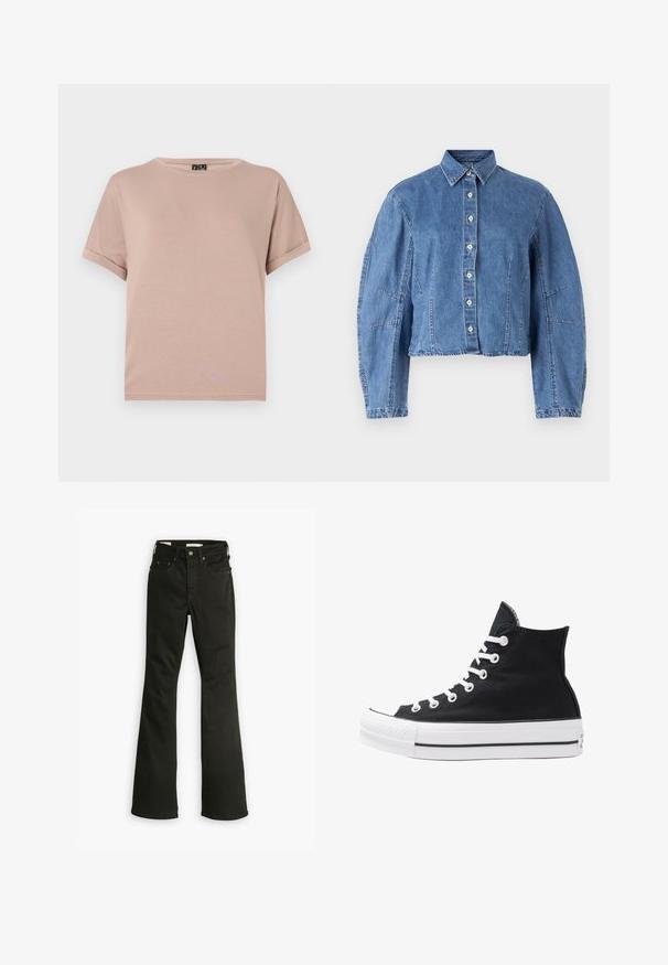 T-shirt a maniche corte con collo rotondo, realizzato in un tessuto morbido e leggero di colore rosa pastello. Presenta maniche arrotolate e un orlo dritto.; Giacca in denim cropped di colore azzurro chiaro, con chiusura a bottoni frontale, colletto a punta e maniche a sbuffo con cuciture laterali.; Jeans neri a zampa d'elefante realizzati in denim. Presentano un classico design a cinque tasche con zip, cuciture robuste e un orlo pulito.; Sneaker alta nera in tela con occhielli e lacci bianchi e suola in gomma. Presenta un punta testurizzata e accenti a strisce bianche e nere.