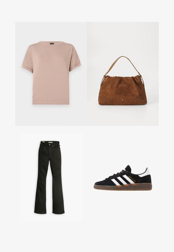 Short-sleeve, crew-neck t-shirt made of soft, lightweight fabric in a pastel pink color. Features rolled sleeves and a straight hem.; Black flared jeans made from denim. Features a classic five-pocket design with a zip fly, sturdy stitching, and a clean hem.; Black Adidas sneaker with white stripes, gold "Spezial" text, gum sole, and white heel tab, shown in profile view.; Brown suede handbag with a gathered design, featuring a single tan leather strap and a subtle gold logo detail on the front.