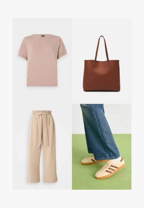 Kurzarm-T-Shirt mit Rundhalsausschnitt aus weichem, leichtem Stoff in sanften Pastellrosa. Verfügt über aufgerollte Ärmel und einen geraden Saum.; Beige weite Hosen mit einem Gurtbund, aus strukturiertem Stoff. Mit einem vorderen Faltenwurf und einem glatten Abschluss am Saum.; Beige Sneakers mit strukturierten cremefarbenen Paneelen und braunen Streifen, kombiniert mit blauen Jeans. Die Jeans haben einen weiten Beinschnitt und einen fransigen Saum.; Braune Leder-Tote mit glatter Textur, offenem Oberteil und zwei Schulterriemen. Verfügt über minimale Nähte und keine sichtbaren Beschläge.