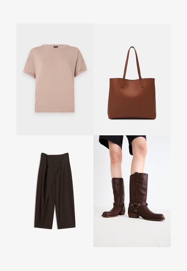 Korte mouwen, ronde hals t-shirt gemaakt van zachte, lichte stof in een pastelroze kleur. Heeft opgerolde mouwen en een rechte zoom.; Donkere bruin wijde broek met een hoge taille, voorzien van een enkele knoopsluiting en een geplooide voorkant. Gemaakt van lichtgewicht stof.; Bruine leren kniehoge laarzen met een ronde neus, gestructureerd oppervlak, enkelriem en zilveren hardware-detail; opgestapelde hak.; Bruine leren tote bag met een gladde textuur, een ontwerp met een open bovenkant en twee schouderbanden. Kenmerkt zich door minimale stiksels en geen zichtbare hardware.