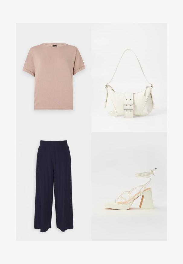 Tričko s krátkým rukávem a kulatým výstřihem vyrobené z měkké, lehké látky v pastelově růžové barvě. Má ohrnuté rukávy a rovný lem.; Široké kalhoty z tmavě námořnické tkaniny s žebrovanou strukturou. Obsahují hladký pas a splývavý siluetu, dosahující délky po polovinu lýtek.; Bílé sandály na vysokém podpatku s robustním podpatkem, s designem s pásky a zavazováním kolem kotníku. Hladký povrch s platformou vpředu pro zvýšení výšky.; Bílá kabelka na rameno s texturovaným povrchem, centrálním akcentem v podobě spony a zakřiveným tvarem. Zipové uzávěry na obou stranách.