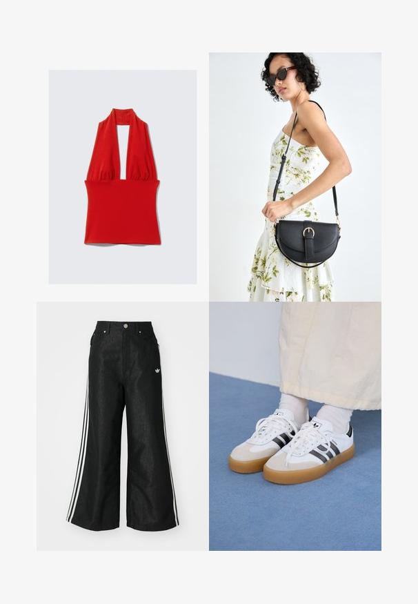 Top halter vermelho feito de tecido elástico, com um decote em V profundo e um design franzido ao nível do pescoço e da cintura, apresentando uma textura suave.; Calças de denim largas pretas com três riscas brancas em cada lado e um pequeno logótipo branco. Apresenta bolsos frontais e um fecho de botão.; Ténis brancos com riscas pretas e detalhes em camurça bege. Apresentam uma sola de borracha texturizada e atacadores brancos lisos, usados com meias de tom claro.; Bolsa de couro preta com forma curva, alça destacável e detalhes em dourado. A bolsa possui uma aba com detalhe de fivela.