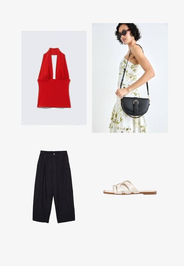 Top halter rosso realizzato in un tessuto elasticizzato, caratterizzato da una scollatura a V profonda e un design arricciato sul collo e in vita, con una texture liscia.; Pantaloni culotte neri in poliestere con una cintura elastica, due pieghe frontali e una silhouette ampia. Nessun motivo visibile o dettagli in metallo.; Infradito con suola in gomma color talpa, progettate con tre cinturini in pelle bianca sovrapposti e un piccolo dettaglio a fiocco al centro.; Borsa a tracolla nera in pelle con una forma curva, manico rimovibile e accessori dorati. La borsa presenta una patta con un dettaglio a fibbia.