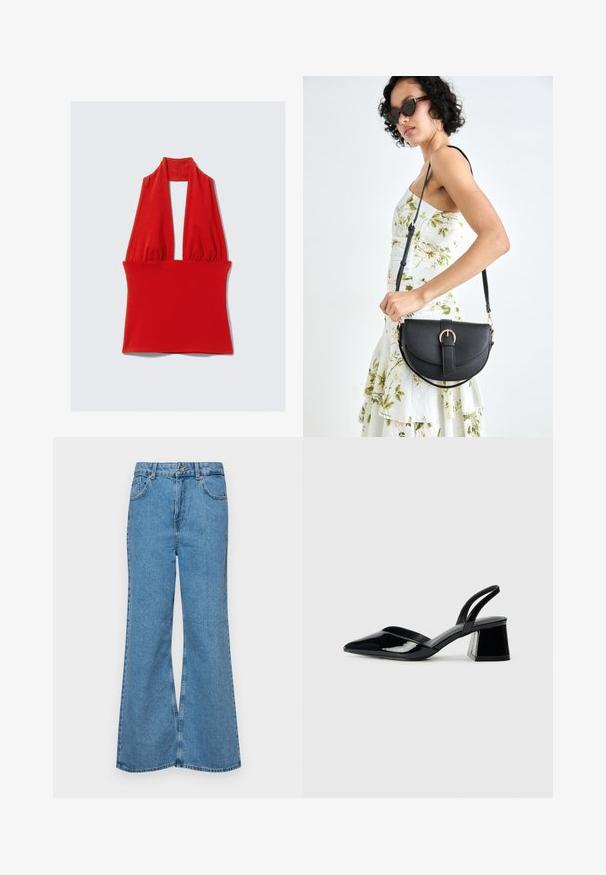 Červený top na zavazování za krk vyrobený z elastické látky, s hlubokým výstřihem do V a nařaseným designem u krku a v pase, s hladkým povrchem.; Světle modré rozšířené džíny z denimu, se zvýšeným pasem, pěti kapsami a jedním knoflíkem na zapínání. Měkký povrch s vybledlým vzhledem.; Černé lakované kožené lodičky na pásku s špičatou špičkou a geometrickým blokovým podpatkem. Vyznačují se elegantním, minimalistickým designem a hladkým povrchem.; Černá kožená kabelka s křivkovým tvarem, odnímatelným popruhem a zlatými detaily. Kabelka má klopu s přezkou.