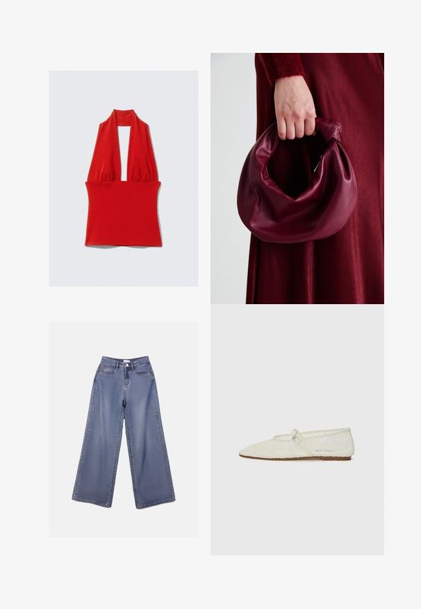 Red halter top made of stretchy fabric, featuring a deep V-neck and gathered design at the neck and waist, with a smooth texture.; Wide-leg denim jeans in a light blue wash, featuring a high waist, front pockets, and a button closure with belt loops.; Cream-colored mesh ballet flat with a pointed toe and adjustable strap. Features a textured upper and a flat, brown sole.; Burgundy leather handbag with a soft, gathered design and a rounded shape. The handle is secured, showcasing a smooth texture.