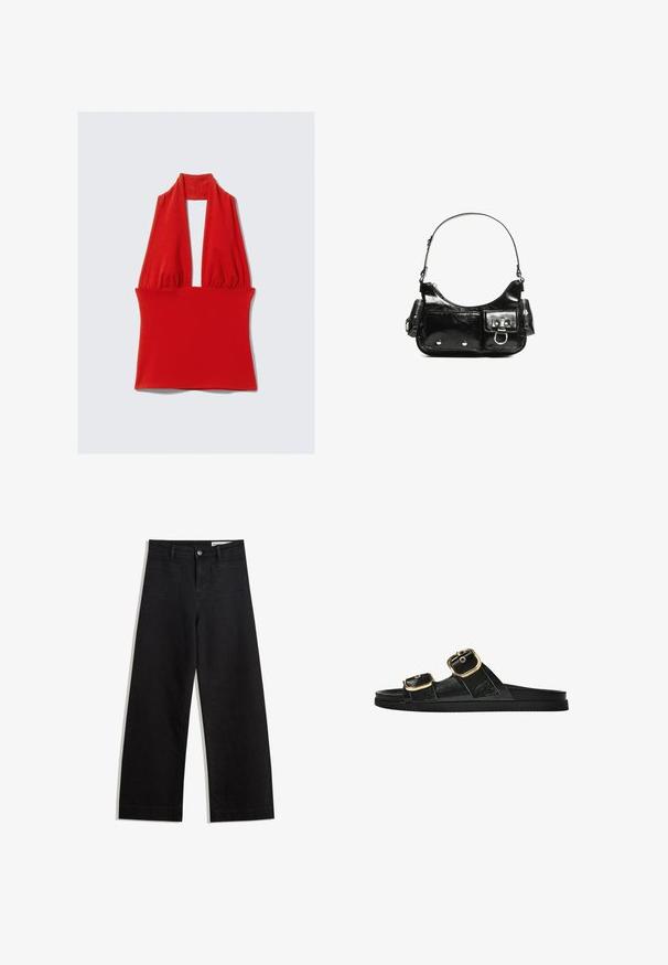 Rdeča halter majica iz elastičnega blaga, z globokim V-izrezom in gubano zasnovo na vratu in pasu, z gladko teksturo.; Črne široke denim hlače z visokim pasom, ki imajo sprednje in zadnje žepe, šivane šive ter gumbasto zapiranje. Gladka tekstura.; Črne drsne sandale z dvema zlatima zaponkama, gladkega materiala, ravnim podplatom in minimalističnim dizajnom.; Črna lakasta usnjena torbica s ukrivljeno obliko, enim ramenskim trakom, sprednjimi žepi in srebrnimi kovinskimi dodatki.