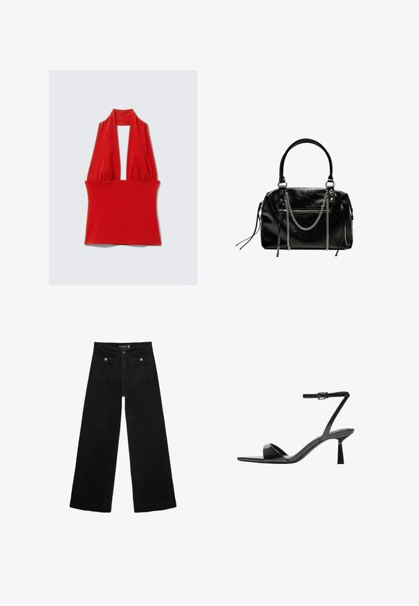 Haut à bretelles rouge en tissu extensible, présentant un décolleté en V profond et un design froncé au niveau du cou et de la taille, avec une texture lisse.; Jean's larges noires avec taille haute, dotés de deux poches avant et d'accents en métal sur les boutons. Le tissu a une texture lisse.; Bershka Sandales à talons hauts - black; Bershka WITH CHAIN - Sac à main - black