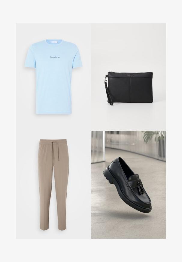 Light blue cotton T-shirt with short sleeves and a crew neck. Features the text "Buongiorno" in dark blue centered on the chest.; Light beige trousers with an elastic waistband, adjustable drawstring, and tapered legs. Fabric appears smooth with a slight sheen.; Black leather loafers with a smooth finish, decorative tassel, thick rubber sole, and stitched accents. Lightweight and sleek design.; Black synthetic clutch with a zip closure, wrist strap, and a smooth texture. Features subtle stitching and a logo embossed on the front.
