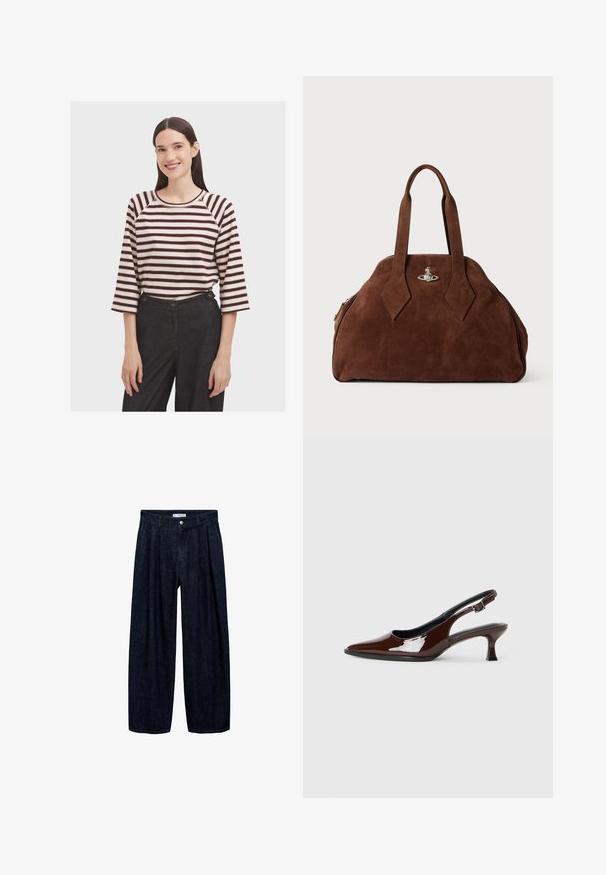 Maglietta a maniche lunghe a righe in crema con righe bordeaux; presenta un collo rotondo e maniche raglan. Abbinata a pantaloni scuri a vita alta.; Pantaloni wide-leg in denim scuro con pieghe in vita, dotati di un bottone frontale e passanti per cintura. Texture liscia e design a lunghezza completa.; Scarpa slingback in pelle verniciata marrone con punta affusolata e tacco moderato. Presenta una fascia con fibbia per una calzata sicura. Tessuto liscio.; Borsa in suede marrone con una forma strutturata, corpo arrotondato e manici a forma di diamante allungati. Presenta una chiusura in metallo argentato.