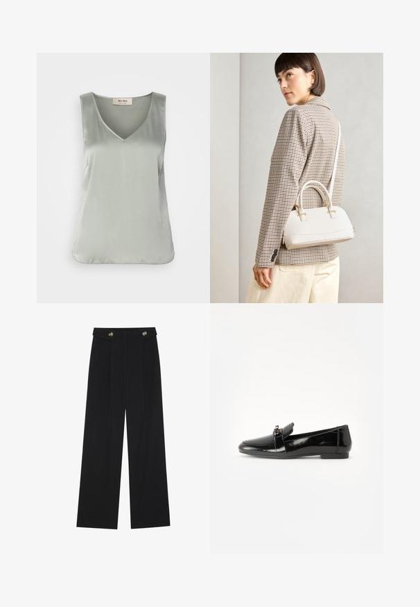 Light green sleeveless top in smooth, satin-like fabric. V-neck design with minimal seams and a relaxed fit. Simple and elegant style.; Black wide-leg trousers with high waist, button details on waistband, and front pleats.; Black patent leather loafer with a flat sole, rounded toe, and a decorative strap featuring a gold-tone accent. Smooth, shiny finish.; White structured handbag with short handles and a shoulder strap, featuring gold hardware accents and textured material, displayed against a grey background.