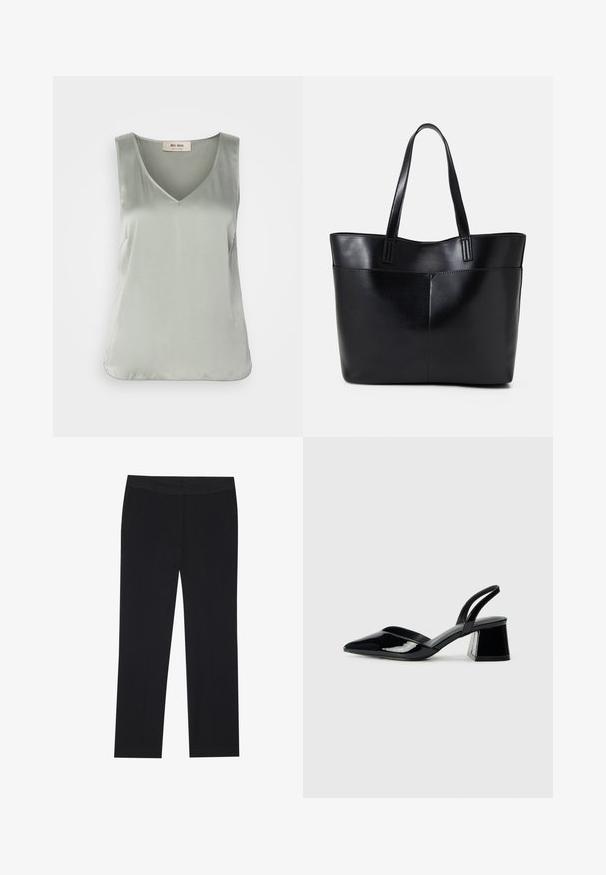 Világoszöld, ujj nélküli felső sima, selyemhez hasonló anyagból. V-alakú dekoltázs minimális varrásokkal és laza szabással. Egyszerű és elegáns stílus.; Fekete nadrág, egyenes lábakkal, oldalsó zsebekkel és sima szövet textúrával. Minimális részletezés, letisztult derékpánt.; Fekete lakk bőr szandálkés magas sarkú cipő, hegyes orral és geometrikus tömbsarkakkal. Karcsú, minimalista dizájn és sima textúra jellemzi.; Fekete bőr bevásárlótáska két hosszú fogantyúval, sima felülettel és strukturált formával. Elülső zseb található rajta a plusz tárolás érdekében.; Aranyszínű fülbevalók, texturált, hullámos formákkal. Tartalmazza a szobrászati klipszes studokat és az open hoop kialakítást, kalapácsos felülettel.